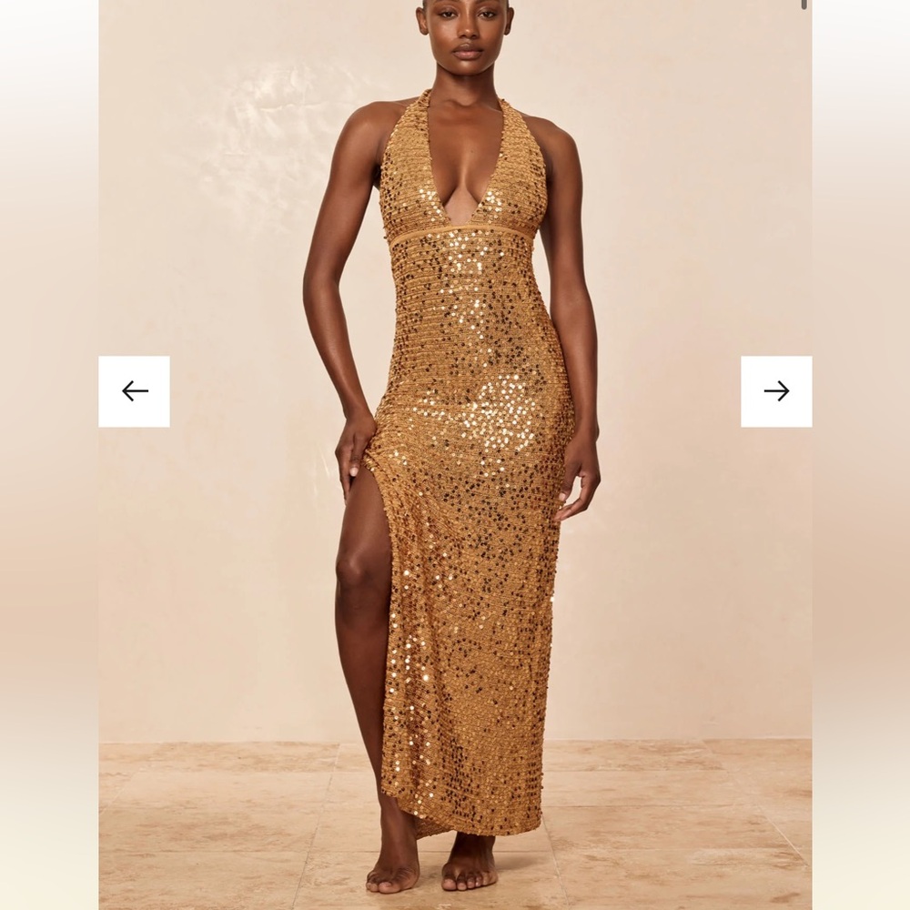 Monday Swimwear Gold Sequin Halter Maxi Dress